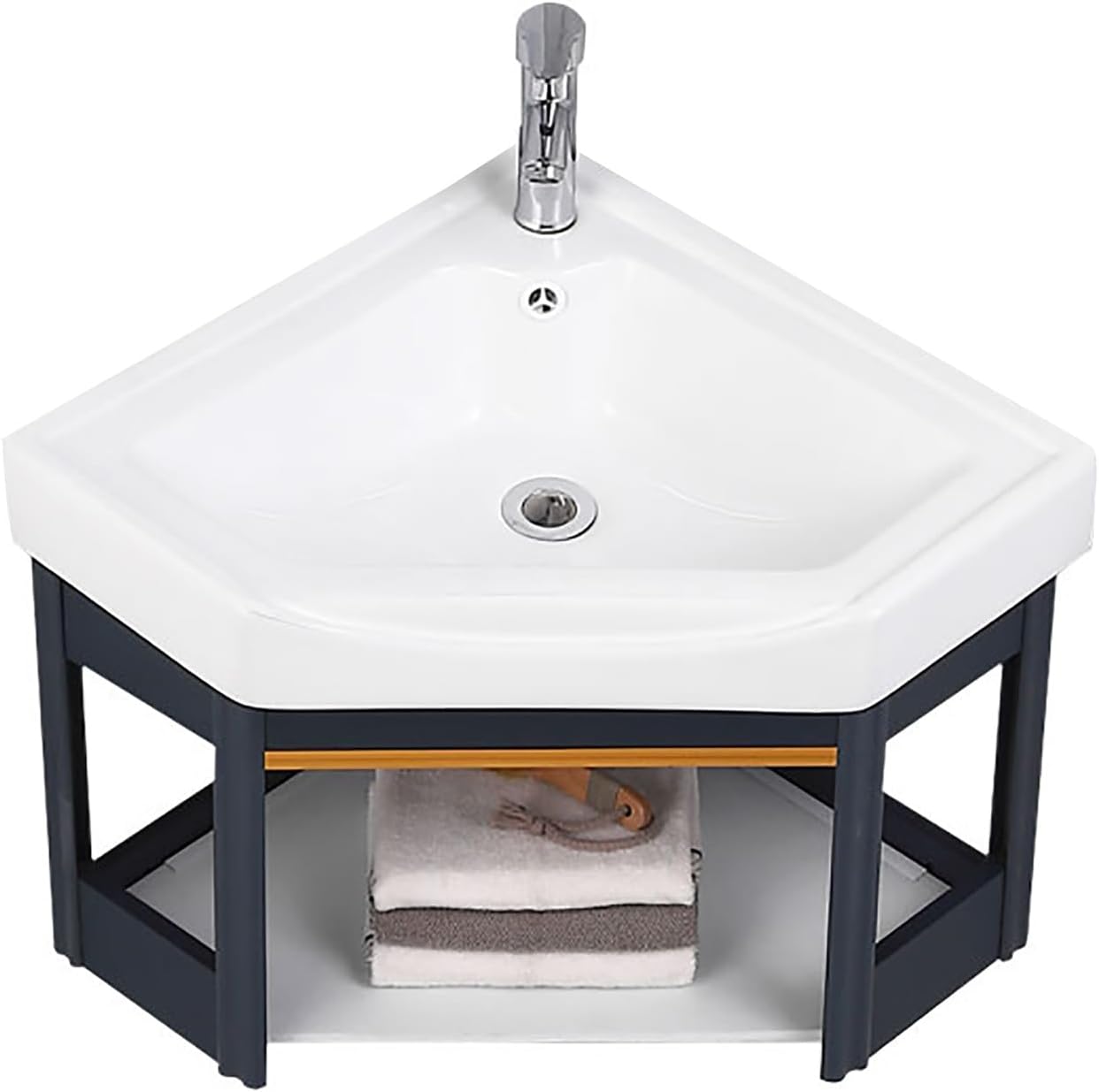 Small Wall Mount Corner Sink with Storage Shelf, Ceramic Bathroom Basin Sink with Bracket and Drain Kit, for Home Kitchen Patio Laundry Room(38x38x45cm)