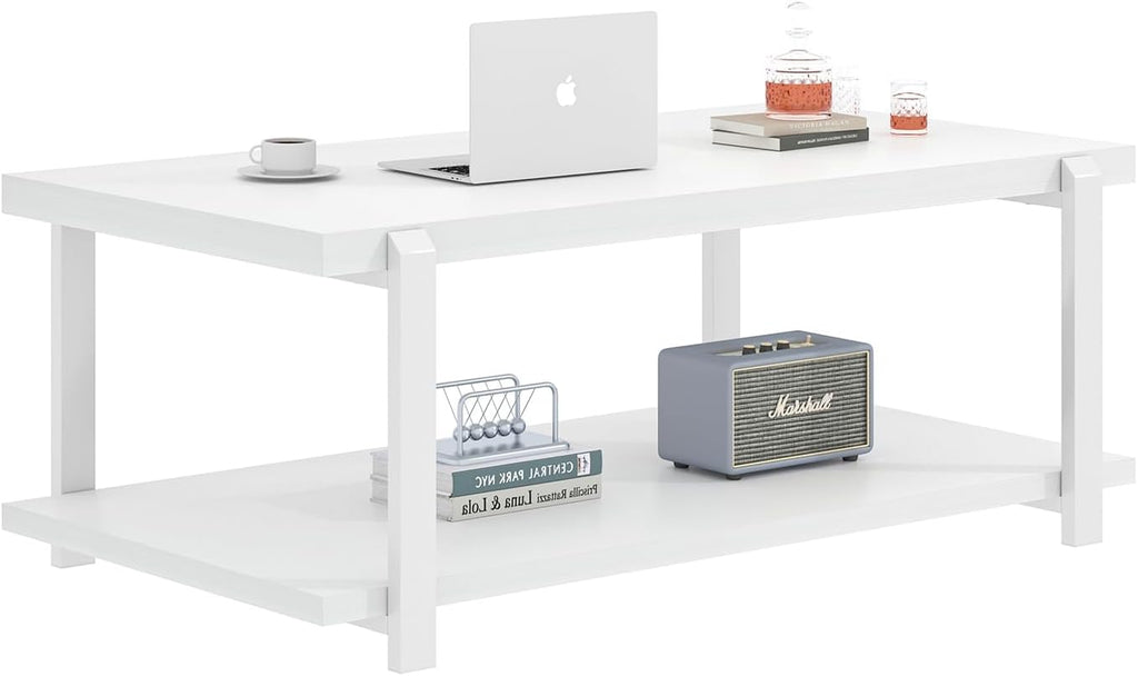 FOLUBAN White Coffee Table, Modern Rustic Wood and Metal Center Table with Storage Shelf, Rectangle Cocktail Tea Table for Living Room, 42 Inch