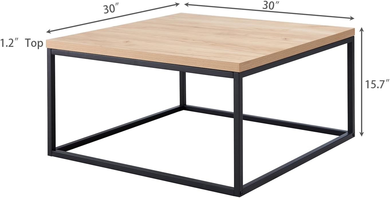 CENSI 30' Square Coffee Table, Natural Oak Light Wood Center Table for Living Room, Modern Industrial Farmhouse Cocktail Table, Extra Thick 1.2' Top with Sturdy Metal Frame, Scandi Style