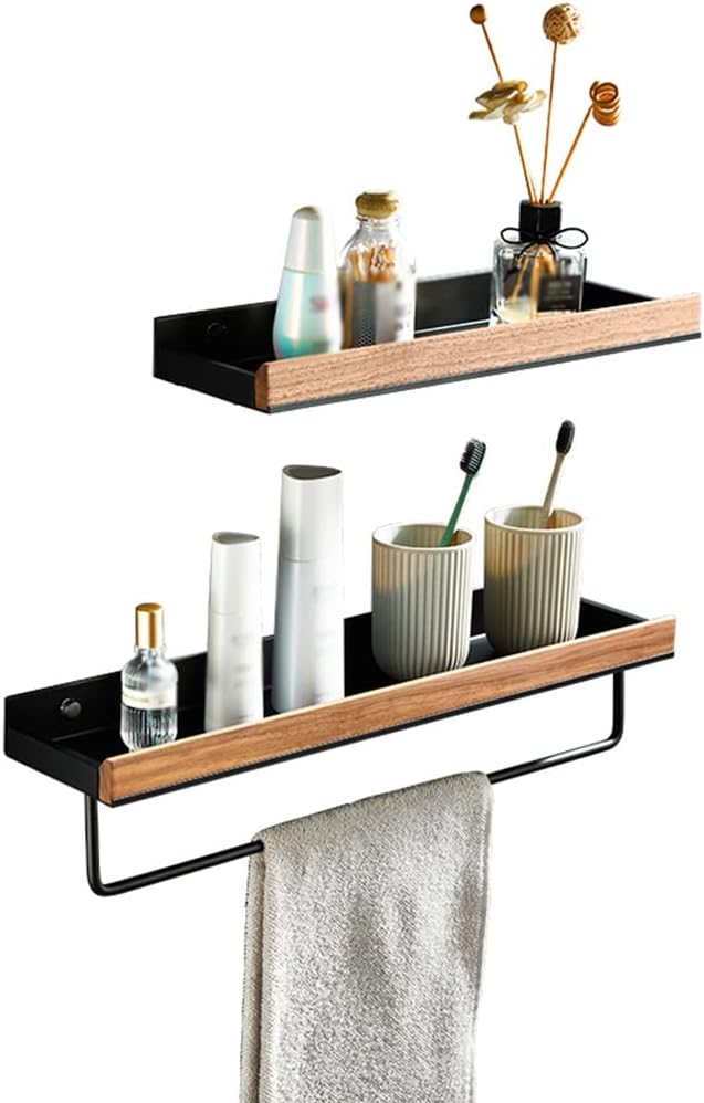 Shower Caddy Solid Wood Shower Caddy Shelf Organizer Towel Bar, Bathroom Wall Mounted Cosmetic Storage Rack Bathroom Organizer，Black 50cm with Rod