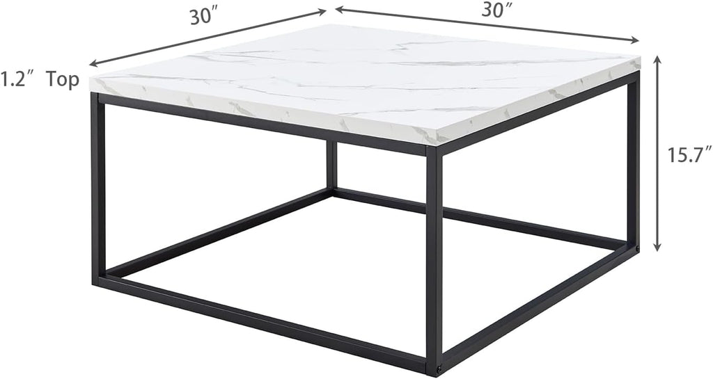CENSI 30' Square Coffee Table, White Faux Marble Center Table for Living Room, Modern Minimalist Cocktail Table with Black Metal Frame, Extra Thick 1.2' Wood Top, Sturdy & Easy Assembly