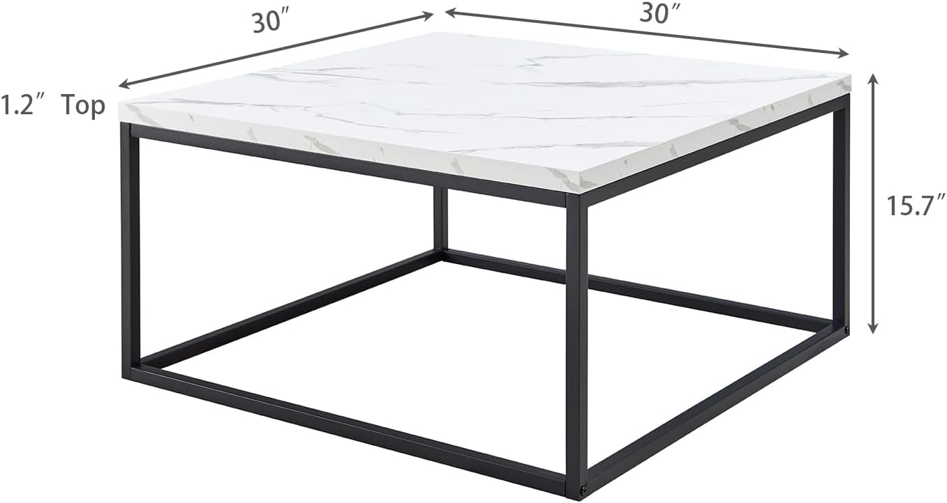 CENSI 30' Square Coffee Table, White Faux Marble Center Table for Living Room, Modern Minimalist Cocktail Table with Black Metal Frame, Extra Thick 1.2' Wood Top, Sturdy & Easy Assembly