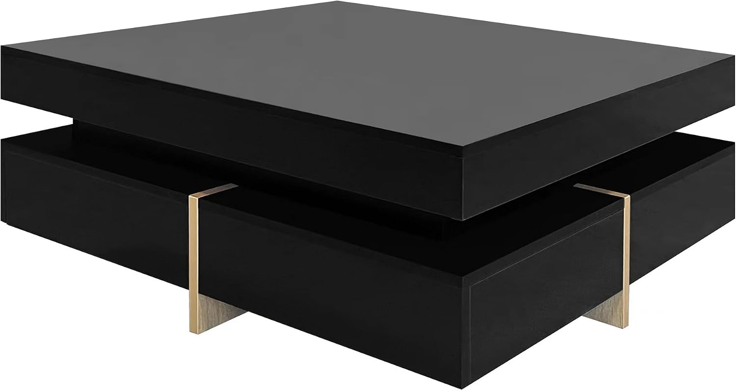 Modern Coffee Table With Storage, Contemporary Square Coffee Table With Drawers, High Gloss Modern Center Table For Living Room, Reception Room, Office, Black, 31'D X 31'W X 11'H