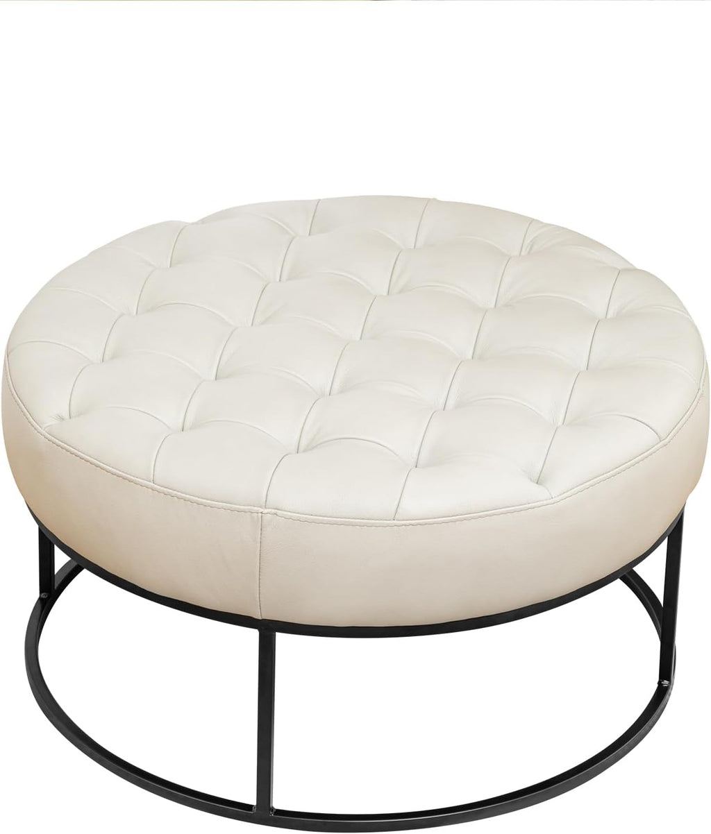 Modern Genuine Leather Round Coffee Table, 30'' Farmhouse Ottoman for Living Room, Large Vintage Genuine Leather Coffee Tables with Upholstered Padded Seat Beige
