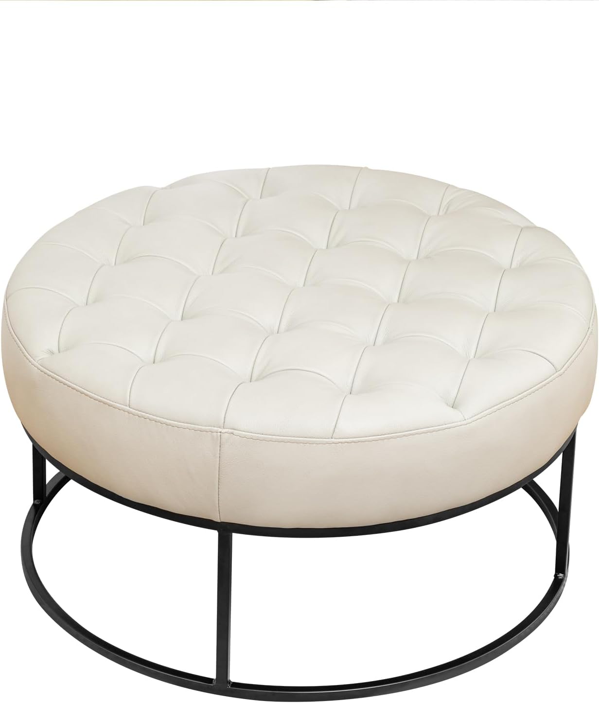 Modern Genuine Leather Round Coffee Table, 30'' Farmhouse Ottoman for Living Room, Large Vintage Genuine Leather Coffee Tables with Upholstered Padded Seat Beige
