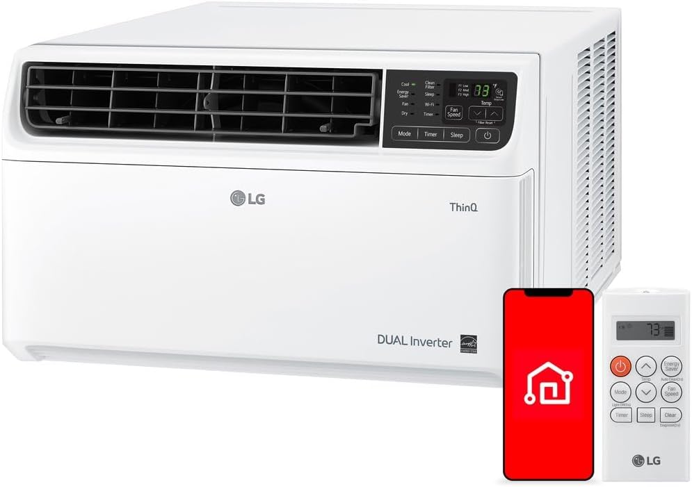 LG 8,000 BTU Dual Inverter Smart Window Air Conditioner, 115V, Cools 340 Sq. Ft. for Bedroom, Living Room, Apartment, Quiet, Energy Star, works with LG ThinQ, Amazon Alexa and Hey Google, White