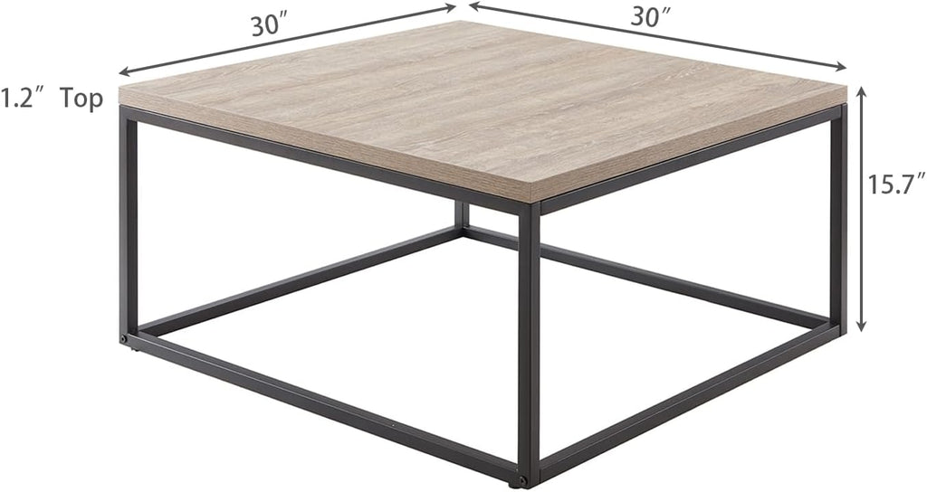 CENSI 30' Square Coffee Table, Grey Wash French Oak Wood Center Table for Living Room, Modern Industrial Metal Frame, Extra Thick 1.2' Top, Rustic Farmhouse Cocktail Table, Easy Assembly