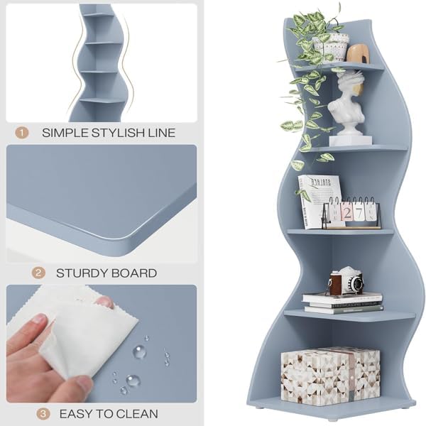 Storage Shelves Unit 5-Tier Shelf, Corner Shelving for Bedroom, Freestanding Decorative Ladder Etagere Organizer, Narrow Bookshelf, Bathroom Storage, Decorative Etagere for Plant Stand (Gray)
