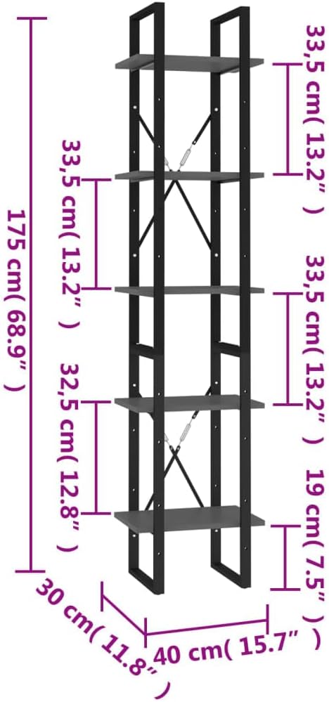 Cubicle Rack Standing Shelves Bookcases Organizer 5-Tier Book Cabinet Gray 15.7'x11.8'x68.9' Engineered Wood for Bedroom Living Room Home Office Corner