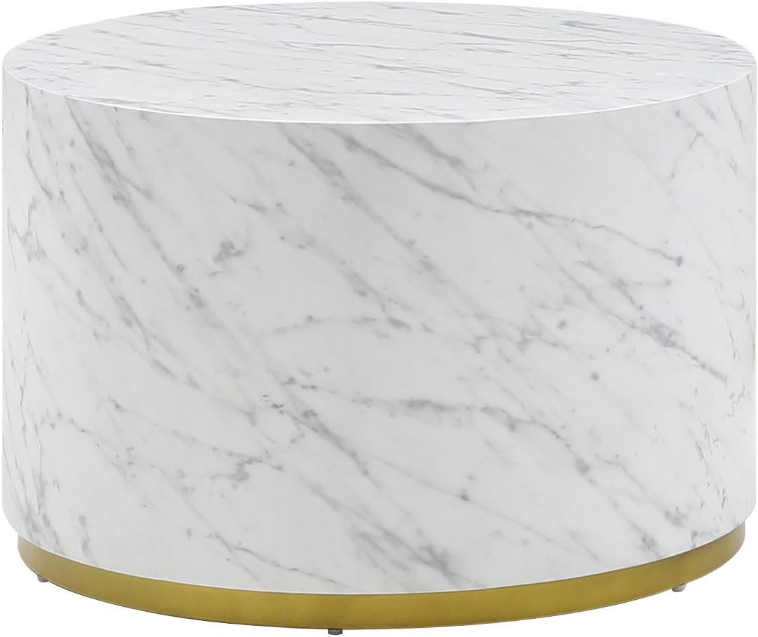 23.62' D Round Coffee Table Black End Table Side Table Living Room Table Sets, Industrial Cocktail Table, Circle Drum Wood Modern Contemporary Coffee Table for Apartment Office, White & Gold