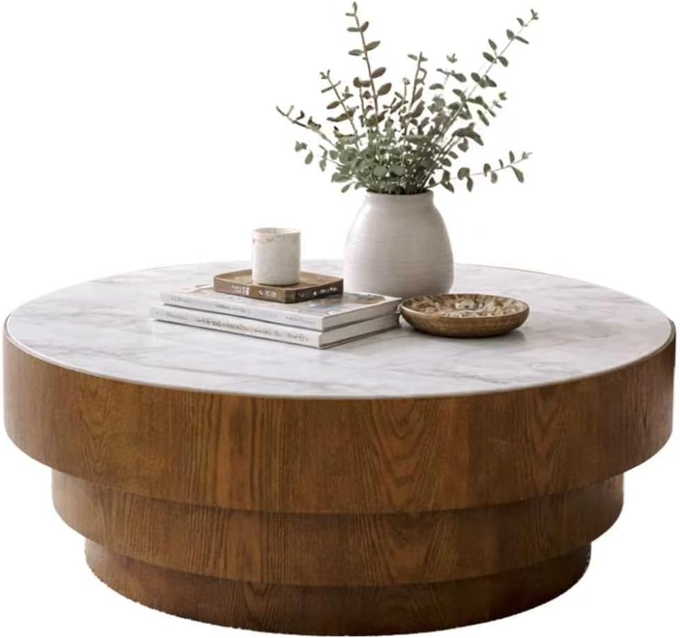 31.5' Round Marble Coffee Table for Living Room, Mid-Century Modern Coffee Table with White Sintered Stone Top and Stable Wood Pedestal Base, Drum Cocktail Center Tea Tables for Bedroom Apartment