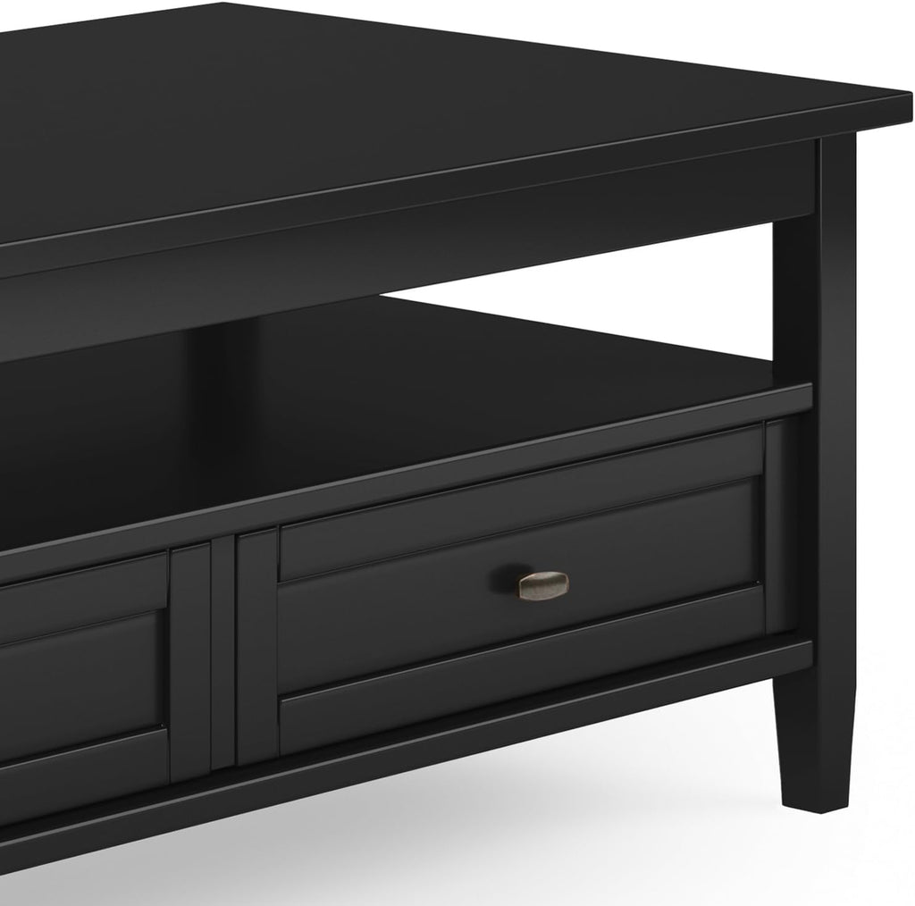 SIMPLIHOME Warm Shaker Coffee Table - 48 inch Wide Solid Wood Coffee Table in Black, Transitional Living Room Table with 2 Drawers, Open Shelf, Shaker Fronts and Tapered Legs