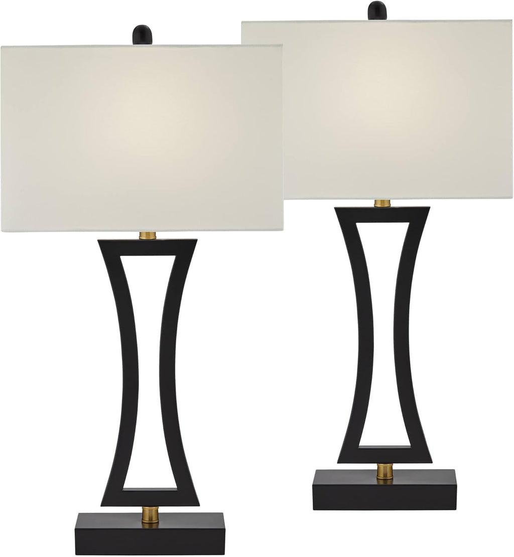 360 Lighting Roxie 31' Tall Set of 2 Modern Table Lamps with USB Ports A+C Charging Black Metal White Fabric Rectangular Shade for Living Room Bedroom House Bedside Nightstand Home Office Family
