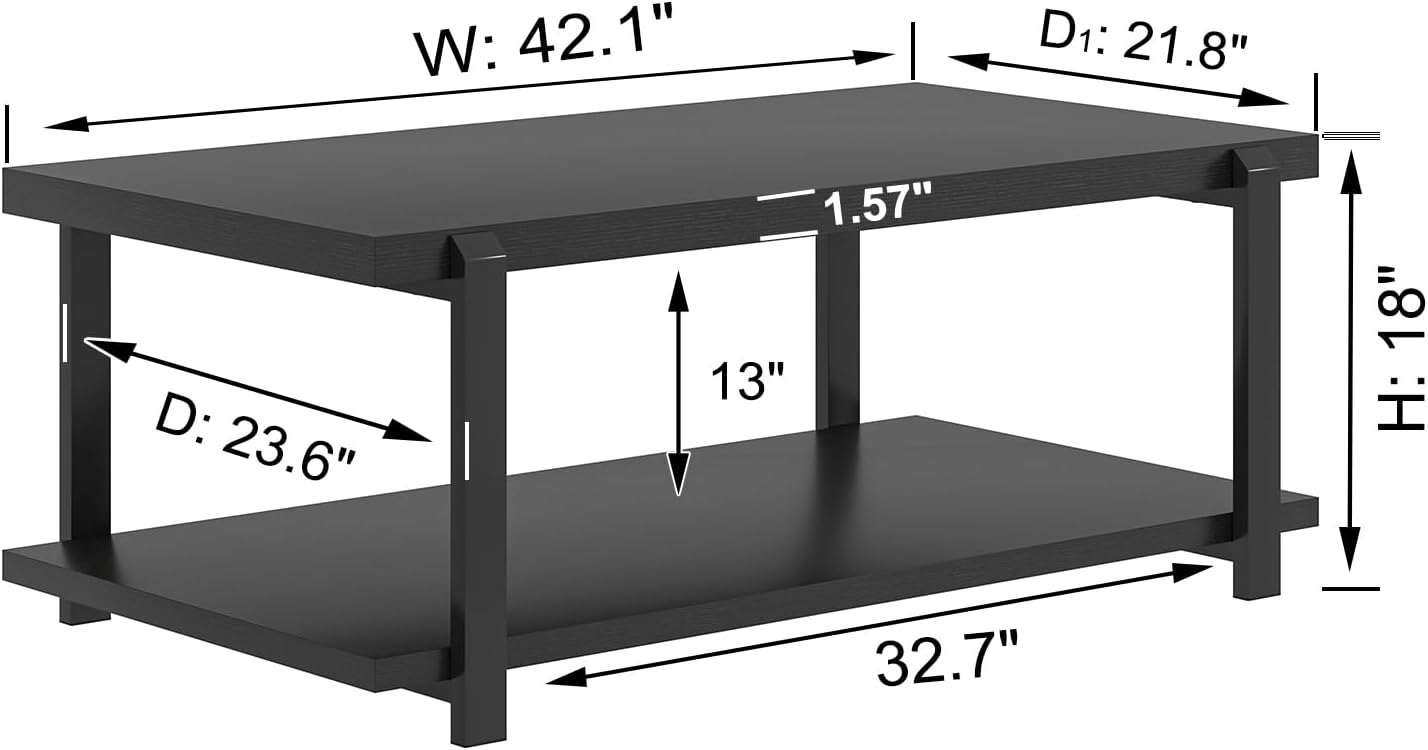 FOLUBAN Black Coffee Table, Modern Rustic Wood Center Table with Storage for Living Room, Industrial Rectangle 2 Tier Cocktail Tea Table, Black Oak