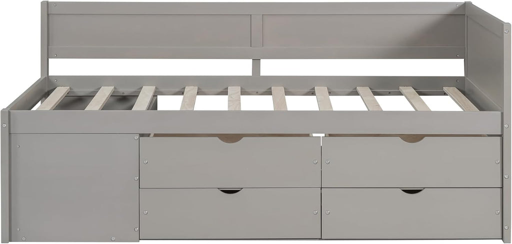 Twin Size Gray Daybed with Storage Drawers and Shelves,Wooden L-Shaped Corner Day Bed with Headboard & Bookcase for Boys,Girls,Small Room, Guest Room, kids'Room