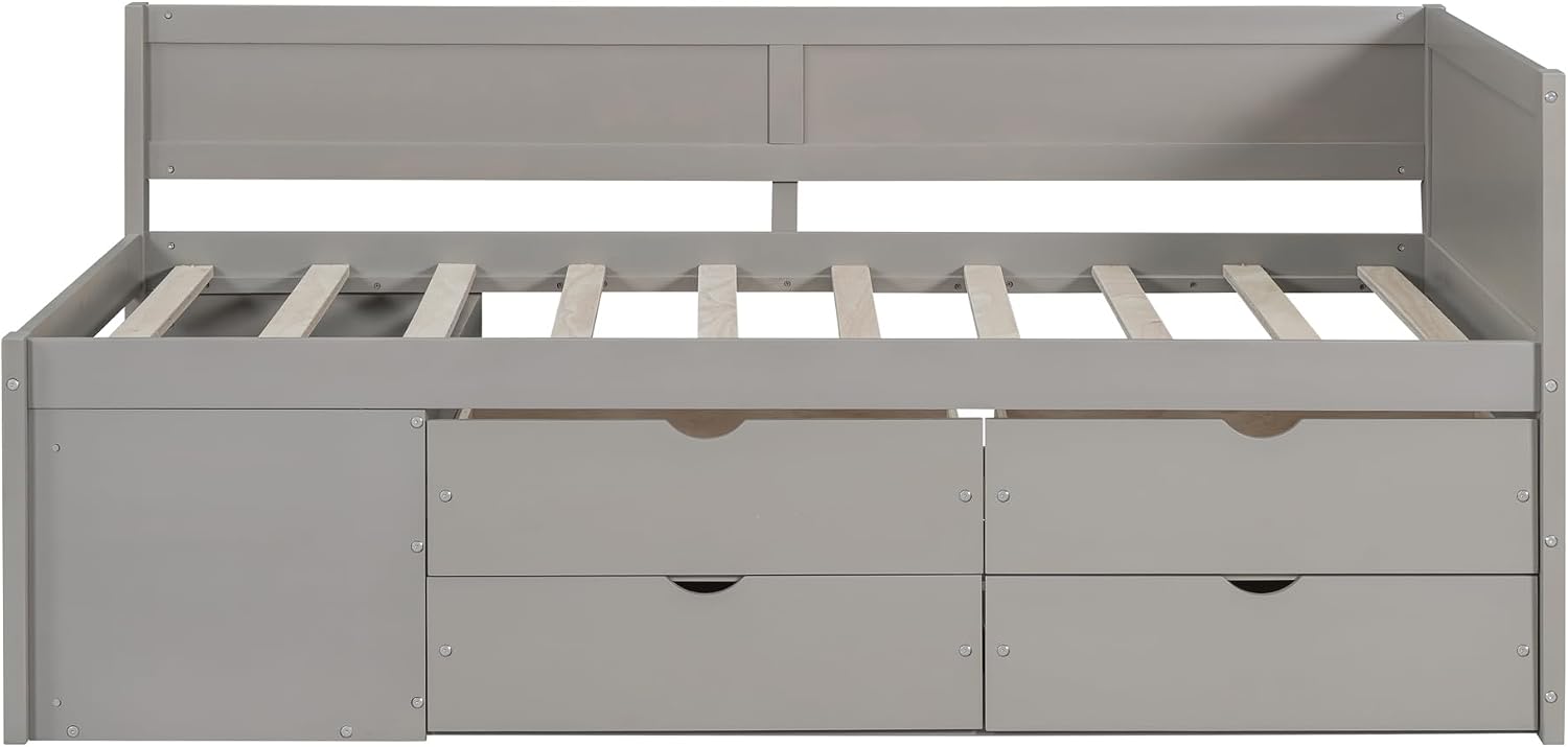 Twin Size Gray Daybed with Storage Drawers and Shelves,Wooden L-Shaped Corner Day Bed with Headboard & Bookcase for Boys,Girls,Small Room, Guest Room, kids'Room
