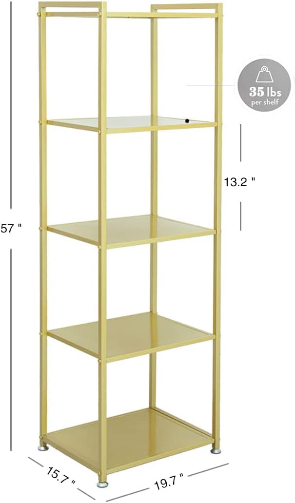 ZIOTHUM Gold Shelf, Gold Bookcase, 5-Tier Bookshelf Shoe Purse Handbag Rack Shelving Unit Etagere Tall Narrow Metal Corner Shelf Boutique Display Storage Retail Commercial Stand(19.7x15.7x63)