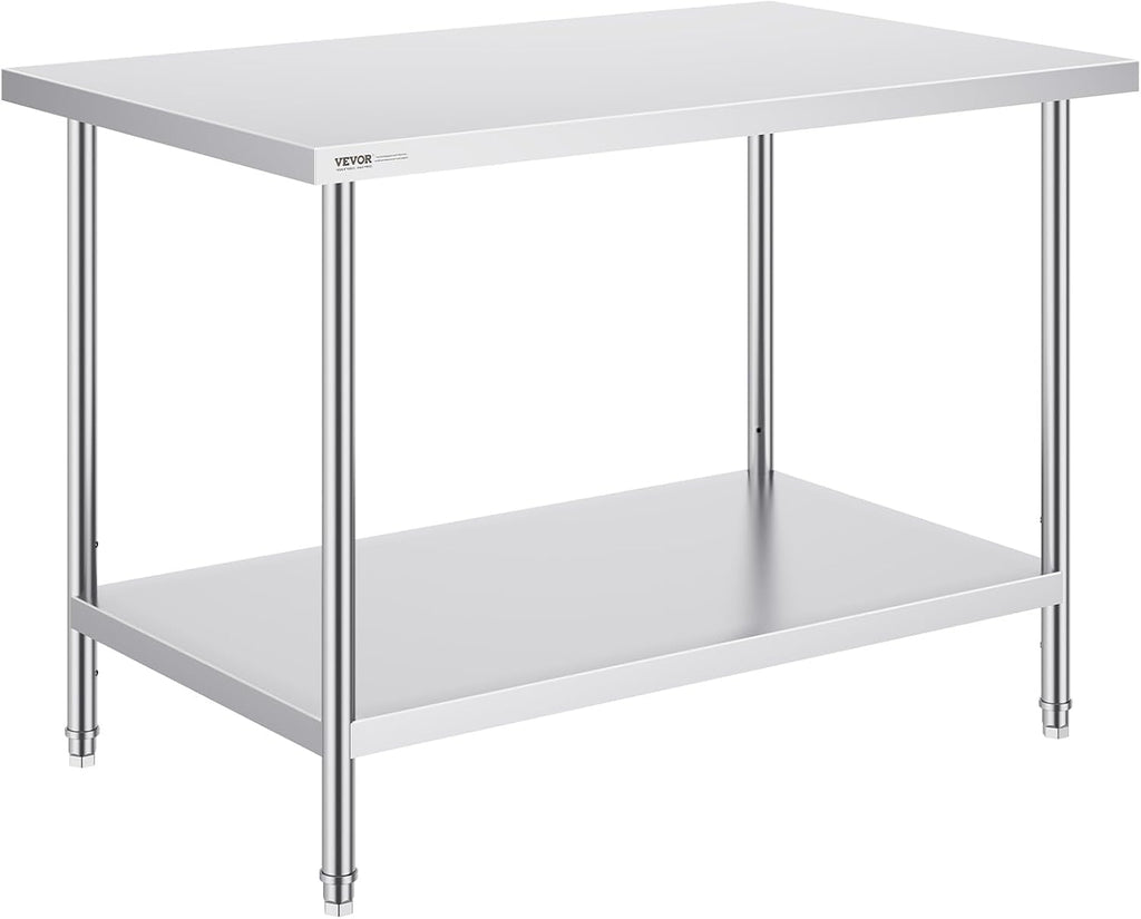 VEVOR Stainless Steel Prep Table, 30 x 48 x 34 Inch, 880 lbs Load Capacity, Heavy Duty Metal Worktable with 3 Adjustable Height Levels, Commercial Workstation for Kitchen Garage Restaurant Backyard