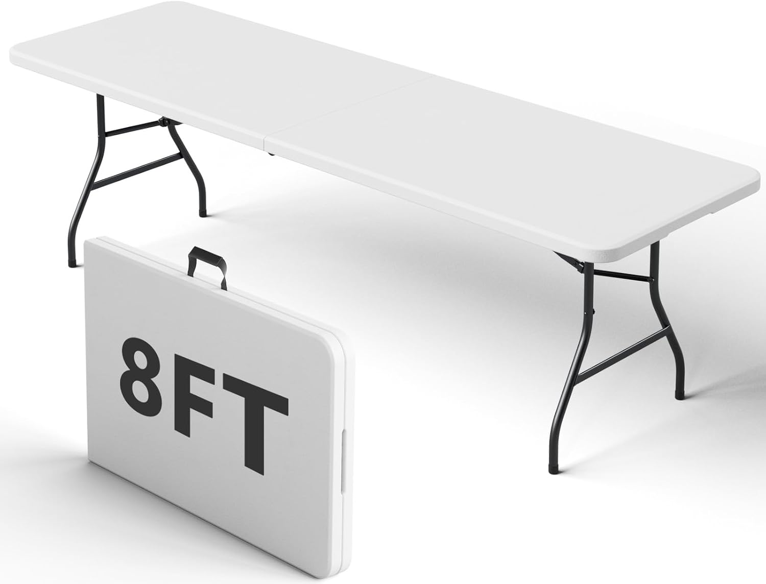 8FT Folding Table, Heavy Duty Plastic Fold-in-Half Utility Table with Handle, Portable Camping Picnic Table with Steel Legs for Indoor Outdoor Party, Dining, White