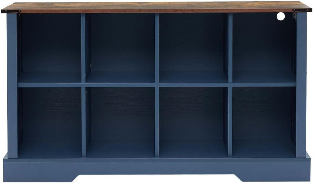 8 Cube Bookcase, Wooden Cube Storage Organizer Shelf, Blue Horizontal Book Shelf with LED Lights, Freestanding Display Cabinet for Living Room, Bedroom, Home Office