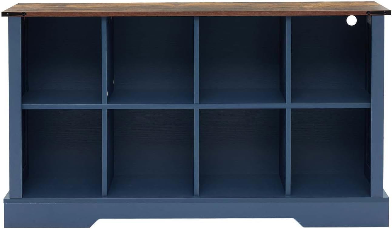 8 Cube Bookcase, Wooden Cube Storage Organizer Shelf, Blue Horizontal Book Shelf with LED Lights, Freestanding Display Cabinet for Living Room, Bedroom, Home Office