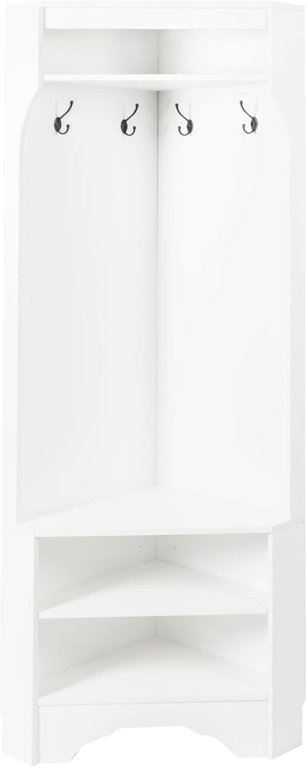 Corner Hall Tree, Versatile Wood Hall Tree with Shoe Bench & 4 Hooks, Modern Coat Rack Corner Cabinet with Adjustable Shelf for Hallway, Entryway, Bedroom,Living Room, White