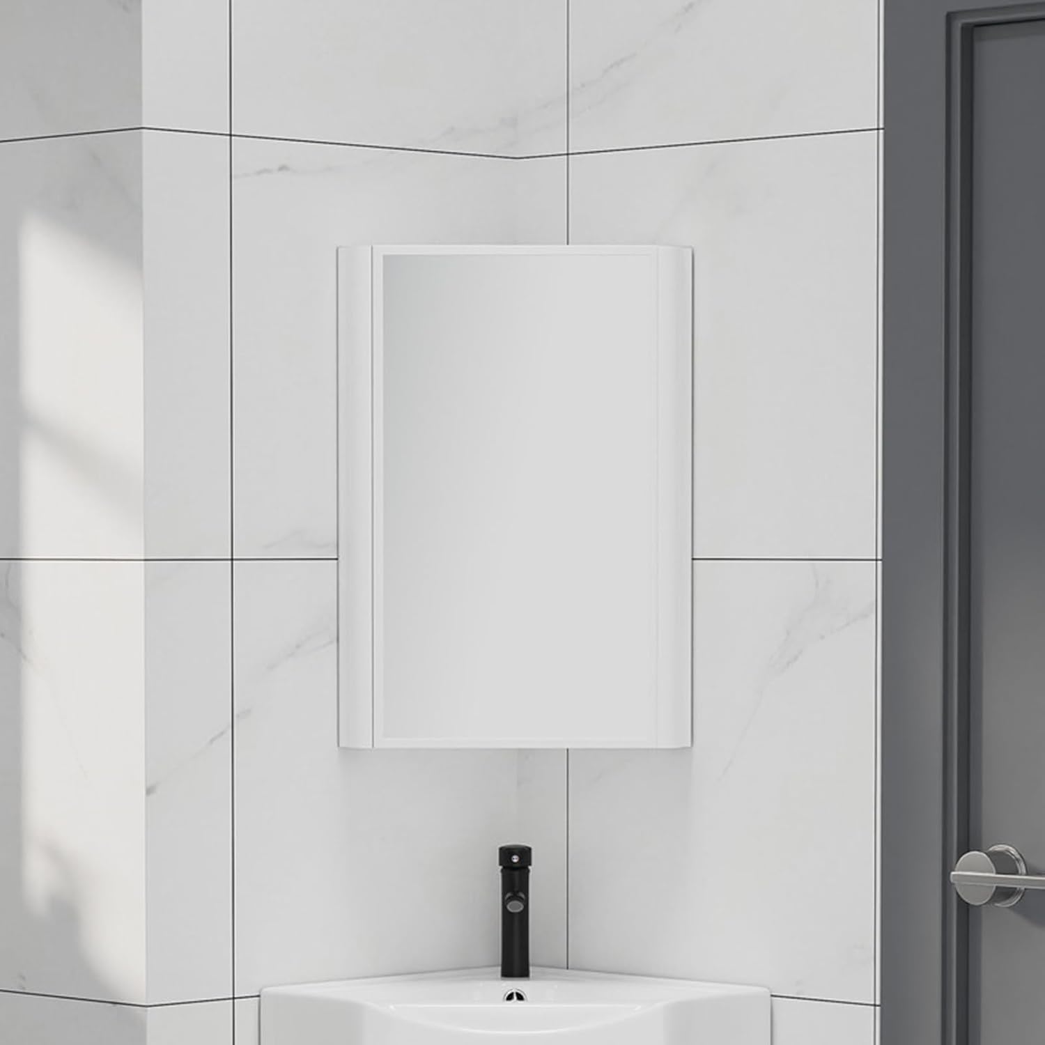 Bathroom Mirror Cabinet, Corner Vanity Mirror for Small Space, Wall Mounted Bathroom Storage Cabinet with Mirror, Aluminum Alloy Construction IP54 Waterproof (Color : White)