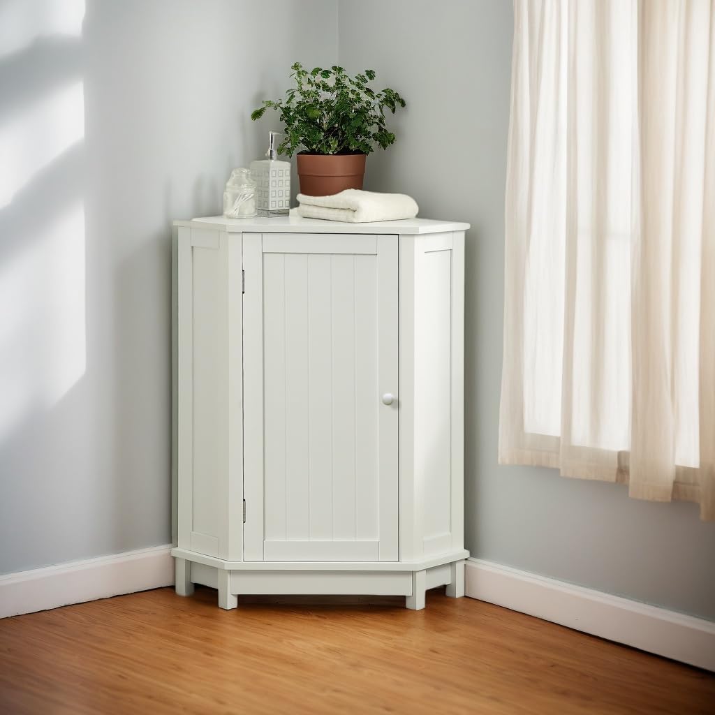 Home Corner Storage Cabinet, Bathroom Triangle Floor Cabinet, Wood Freestanding Corner Cabinet with Single Door and Shelves (White)