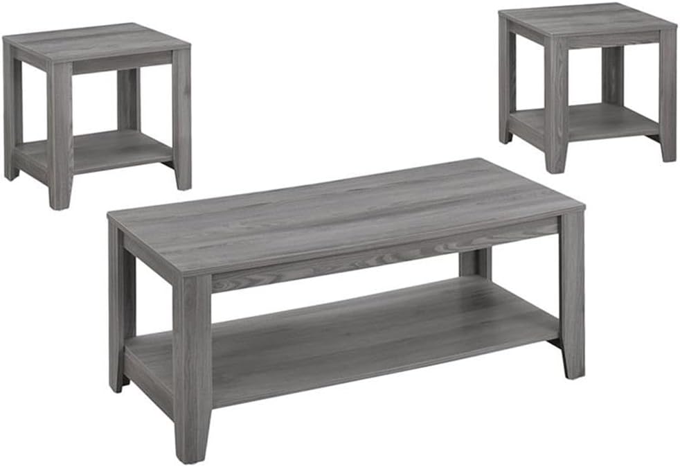 Pemberly Row Contemporary 3 Piece Coffee Table Set, Gray Sonoma Oak-Look Finish, Particle Board Laminate, Includes Coffee Table and 2 End Tables, Bottom Shelf Storage, Living Room Accent Furniture