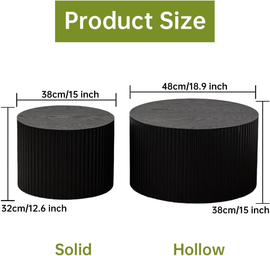 Round Nesting Coffee Table Modern Fluted Coffee Table Set of 2 Stripe Round Coffee Tables Circle Drum Coffee Tables Side Table Accent End Table for Living Room (Black Small)