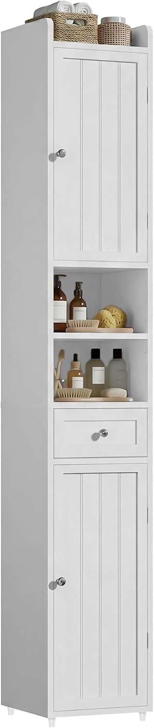 ChooChoo Bathroom Storage Cabinet with Adjustable Shelves, Tall Storage Cabinet with 2 Doors and 1 Drawer, Freestanding Cupboard for Small Spaces, White, 11.8 Inches Wide