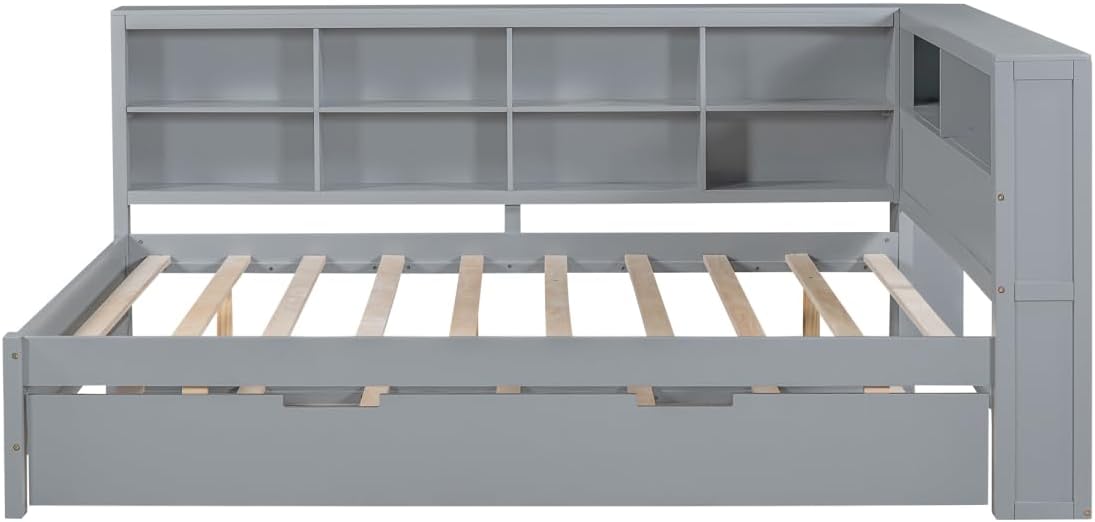 Full Size Daybed with Storage Bookcase, Twin Trundle and Charging Station, Wooden Platform Bed with Bookshelf for Kids Boys Girls, Grey