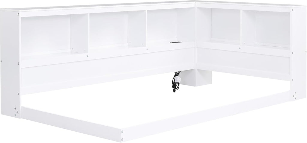 Harper & Bright Designs Twin Size Daybed, Wood Twin Bed Frame with L-Shaped Bookcases and USB Ports,Floor Sofa Bed for Kids Room, Bedroom, Living Room,White