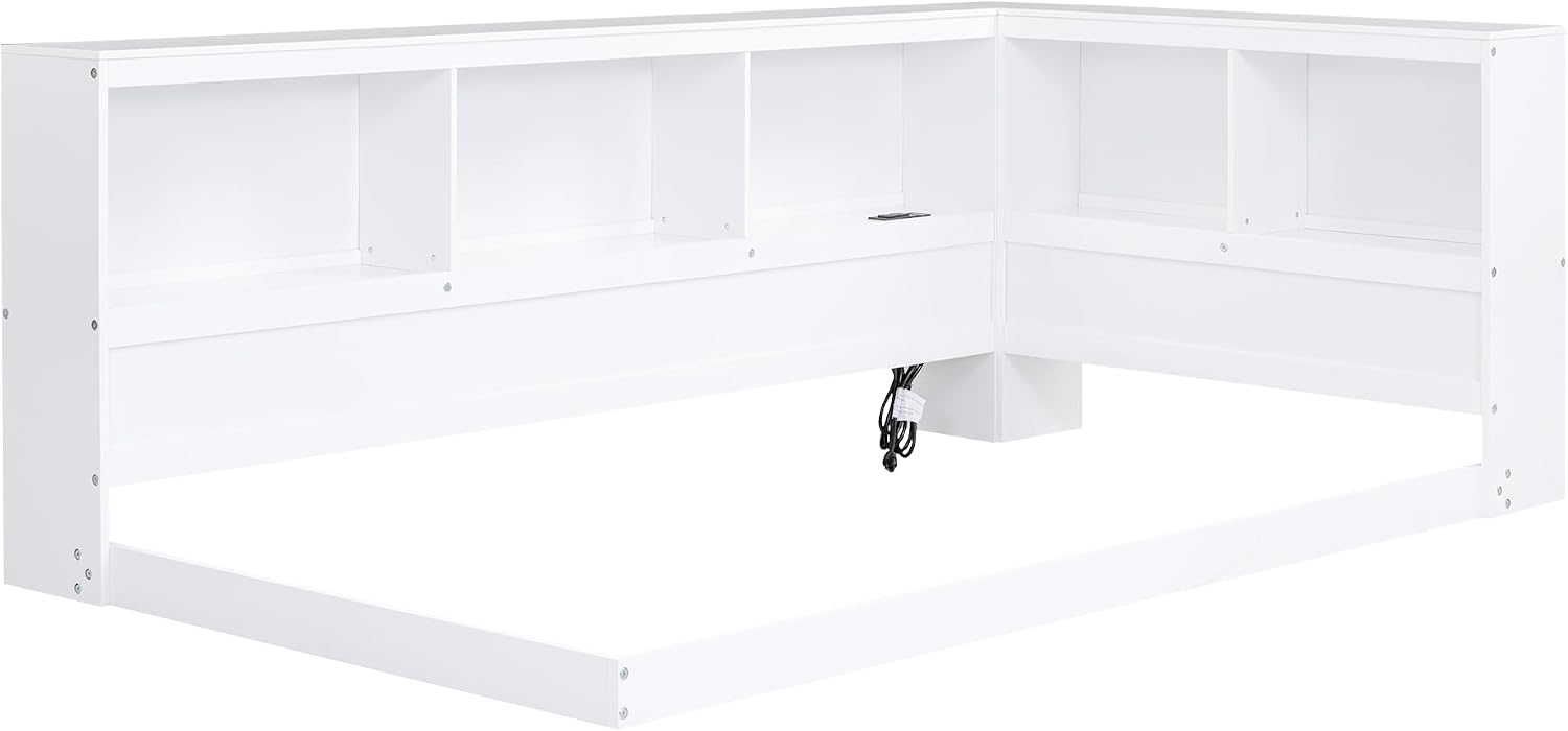 Harper & Bright Designs Twin Size Daybed, Wood Twin Bed Frame with L-Shaped Bookcases and USB Ports,Floor Sofa Bed for Kids Room, Bedroom, Living Room,White