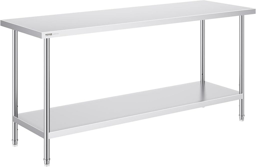 VEVOR Stainless Steel Prep Table, 24 x 72 x 34 Inch, 880 lbs Load Capacity, Heavy Duty Metal Worktable with 3 Adjustable Height Levels, Commercial Workstation for Kitchen Garage Restaurant Backyard