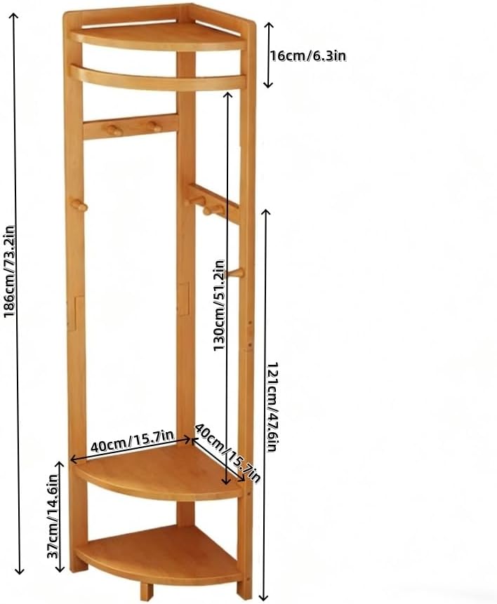 Bamboo Corner Coat Rack with Storage Rack, Floor-standing Clothing Rack with Hooks, Multifunctional Corner Shelves for Living Room, Entrance or Bedroom(Natural)