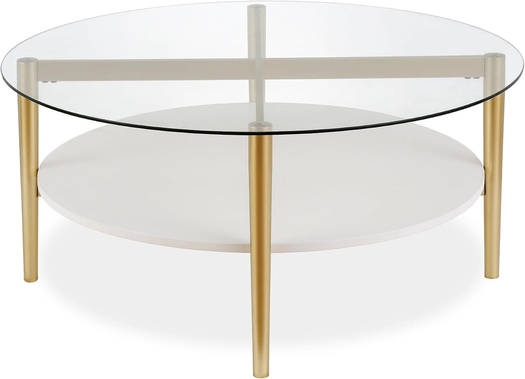Otto 36'' Wide Round Coffee Table with MDF Shelf in Brass/White Lacquer