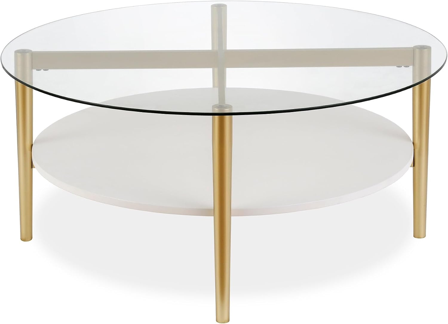 Otto 36'' Wide Round Coffee Table with MDF Shelf in Brass/White Lacquer