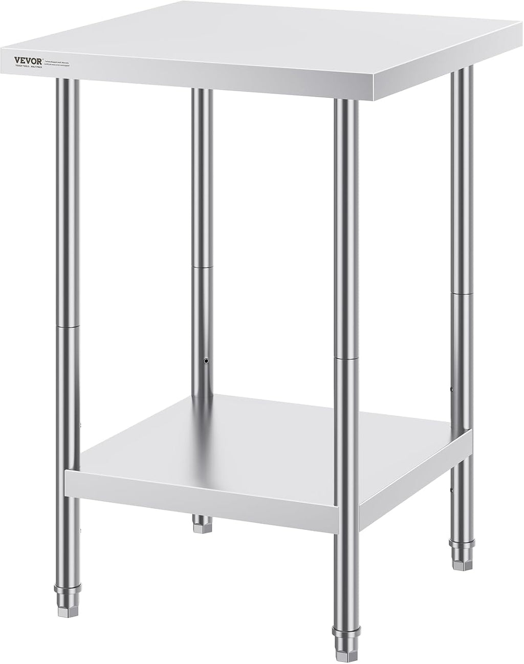 VEVOR Stainless Steel Prep Table, 24 x 24 x 34 Inch, 700 lbs Load Capacity, Heavy Duty Metal Worktable with 3 Adjustable Height Levels, Commercial Workstation for Kitchen Garage Restaurant Backyard