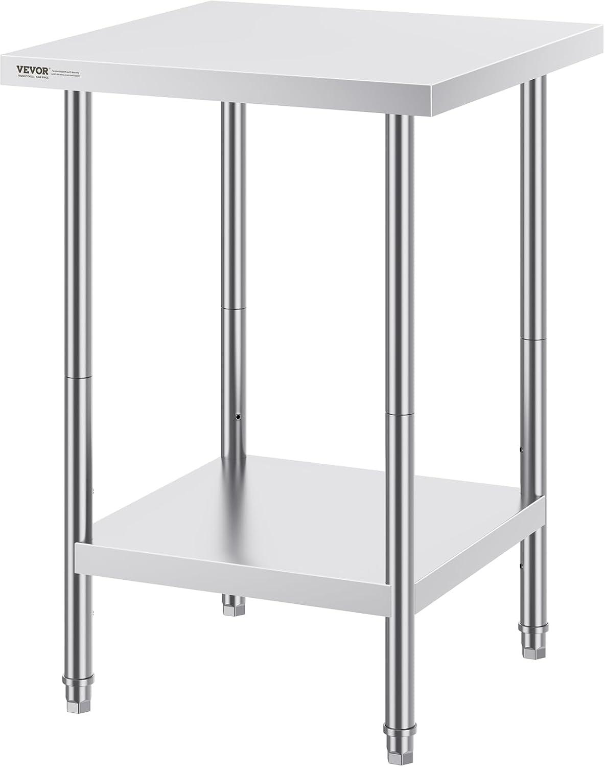 VEVOR Stainless Steel Prep Table, 24 x 24 x 34 Inch, 700 lbs Load Capacity, Heavy Duty Metal Worktable with 3 Adjustable Height Levels, Commercial Workstation for Kitchen Garage Restaurant Backyard