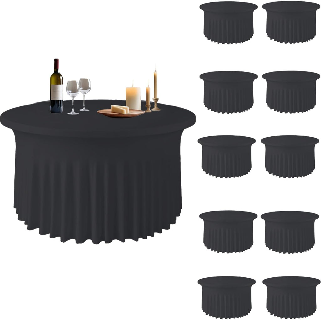 WJWHQ 10 Pack Black Round Spandex Tablecloths for 60in Tables, 120Inch Stretchy Fitted 5FT Round Table Clothes,Wrinkle Free Table Cover with Skirt for Wedding Party Dining Banquet