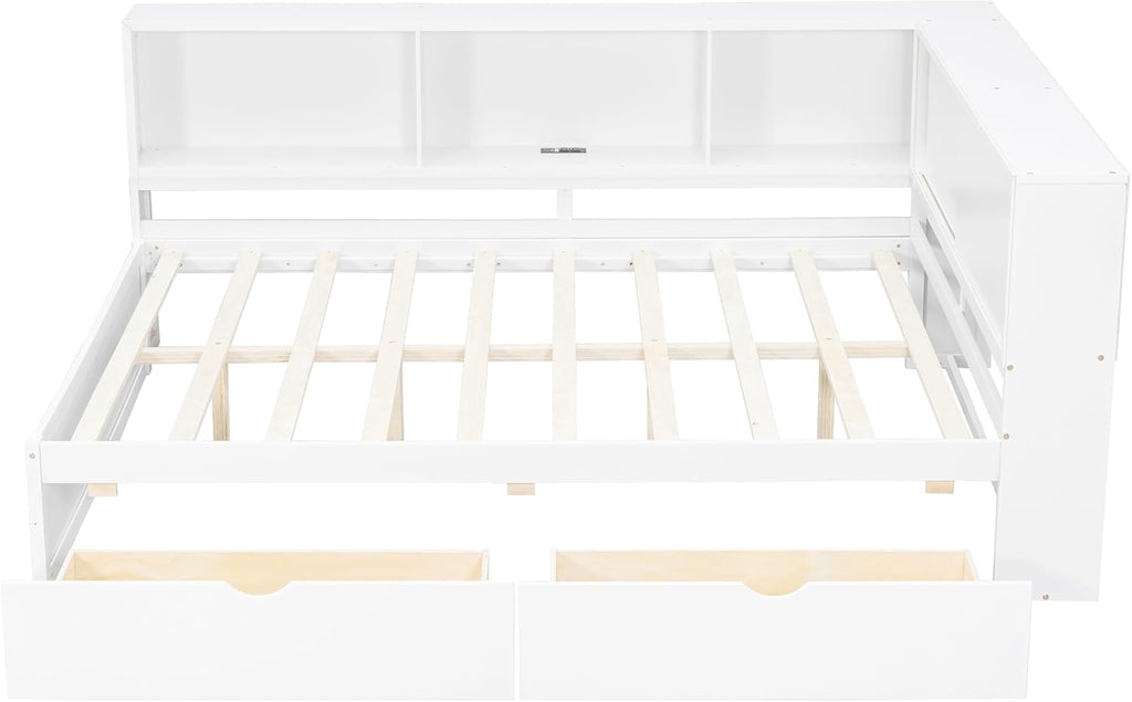 RuiSiSi Queen Size L-Shaped Daybed Frame with Drawers and LED Lights, Corner Day Bed with Storage Bookcase and Charging Station for Living Room or Guestroom, White