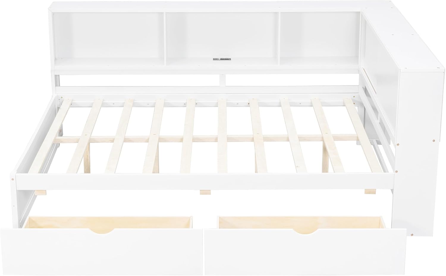 RuiSiSi Queen Size L-Shaped Daybed Frame with Drawers and LED Lights, Corner Day Bed with Storage Bookcase and Charging Station for Living Room or Guestroom, White