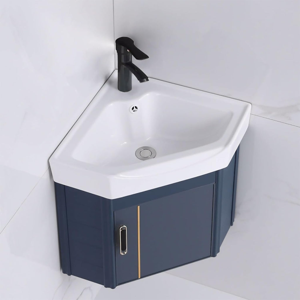 Corner Ceramic Sink Bathroom Vanity Cabinet Corner Wall Mount Bathroom Sink Wall Mounted Bathroom Sink Bathroom Sink with Storage Container Cabinet with Mirror(Gray,16.5in/42cm)