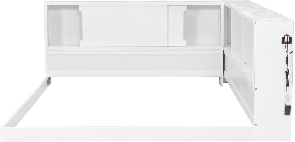 SOFTSEA Queen Size Daybed with Shelves, L-Shape Corner Bed Frame with LED and Storage, Wood Floor Daybed with LED for Kids, Teens & Adults, White