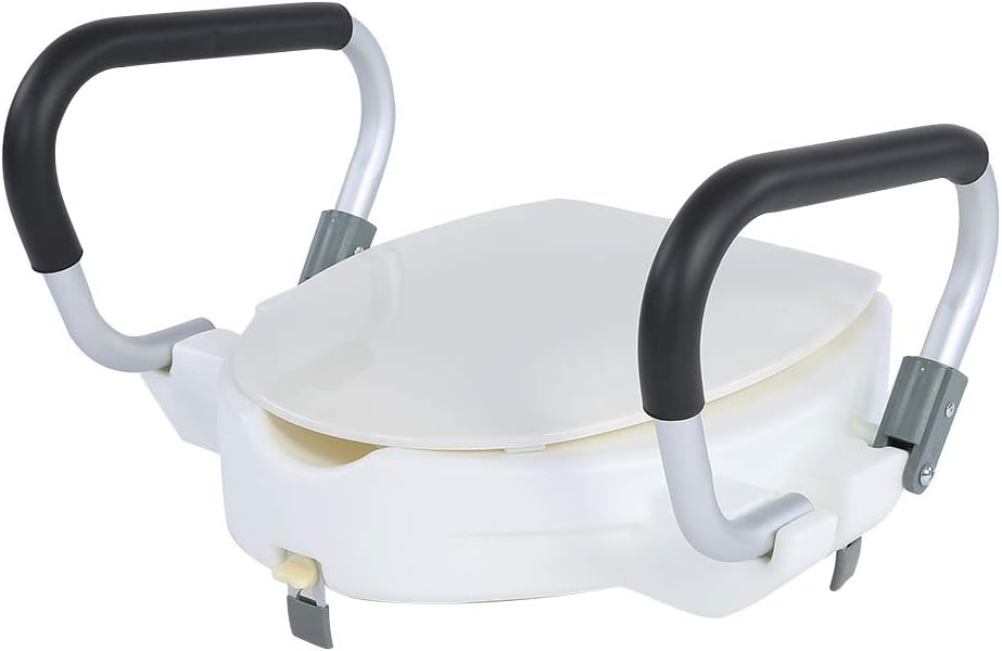 Elevated Raised Toilet Seat, Removable Padded Arms 10cm Height Adjustable Disability Aid, White Toilet Seat for Elderly & Pregnant Women, 40x43.5x10cm