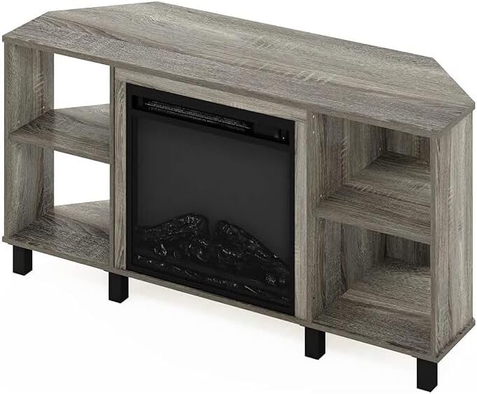 HomeStock Electric Fireplace TV Stand - Corner Entertainment Center for TVs up to 55 Inch French Oak Grey/Corner with Legs