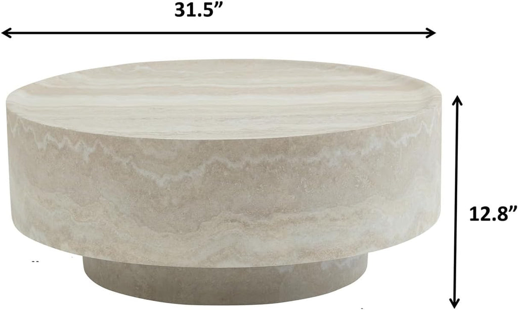 Faux Marble Round Coffee Table, 31.5' Luxury Circle Coffee Table, Drum Stone Center Table, Beige End Table, Minimalist Sofa Accent Table for Living Room Apartment Office
