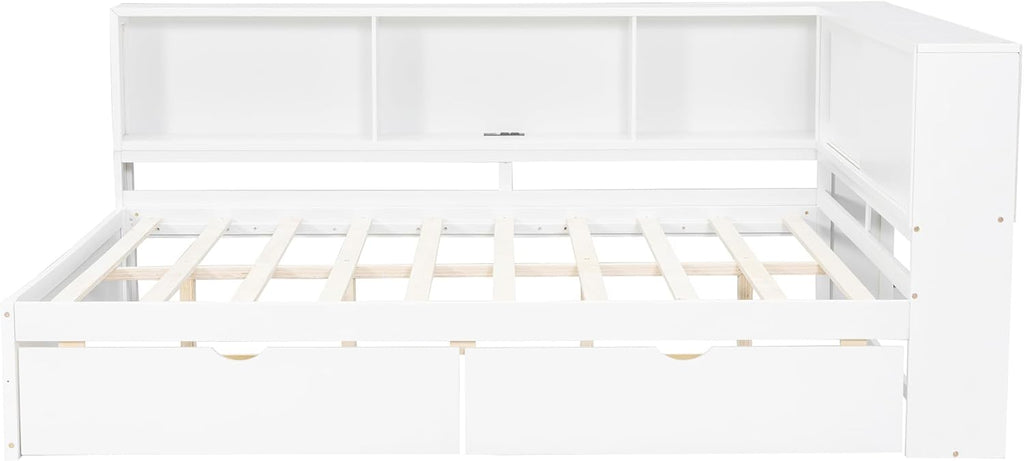 RuiSiSi Queen Size L-Shaped Daybed Frame with Drawers and LED Lights, Corner Day Bed with Storage Bookcase and Charging Station for Living Room or Guestroom, White