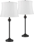 360 Lighting Lynn Modern Industrial Buffet Table Lamps 26' Tall Skinny Set of 2 Dark Bronze Brown Metal White Fabric Softback Drum Shade for Living Room House Home Dining Office Entryway Family